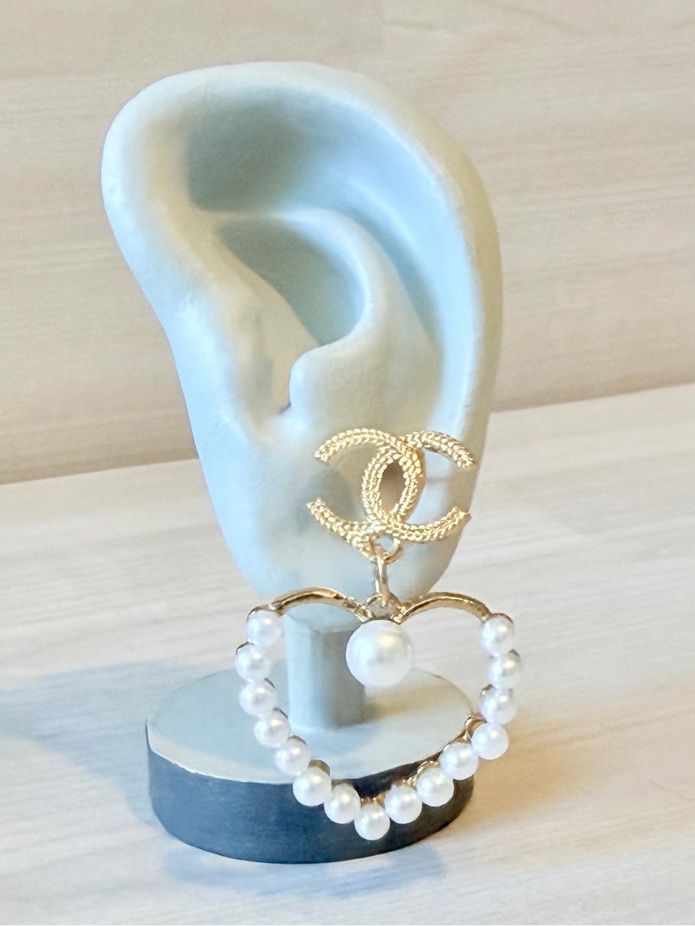 CC Gold Pearl Heart Drop Pair of Earrings